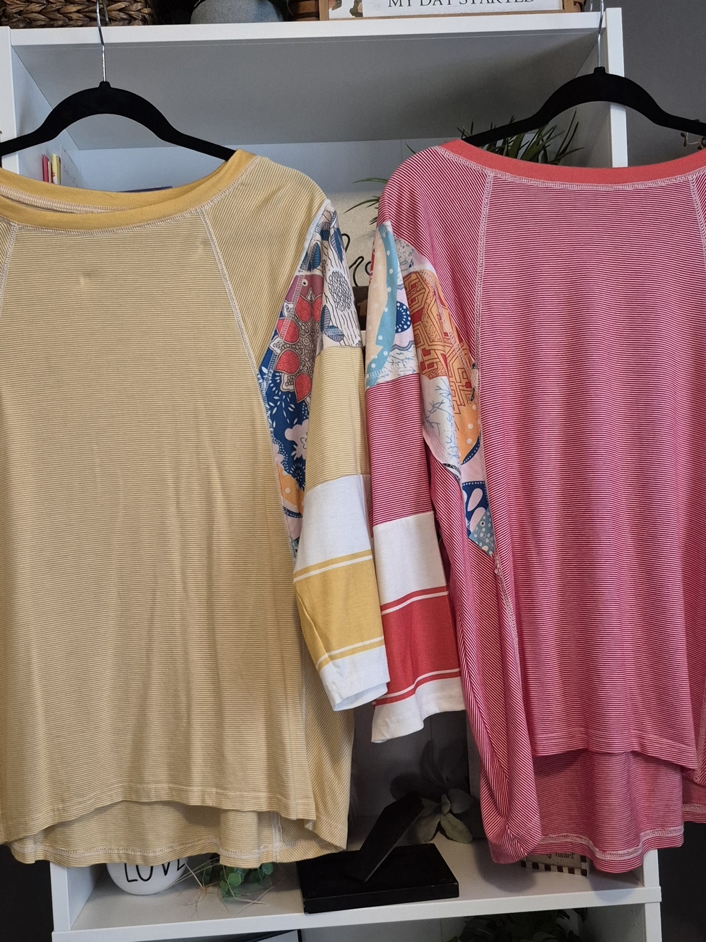 Women's Striped Patchwork Long Sleeve Top - Yellow and Pinkish Red